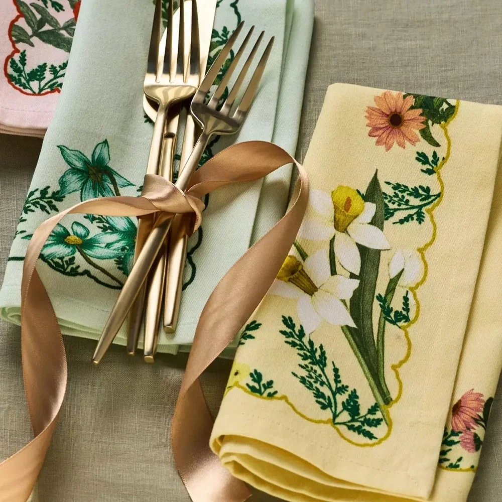 Anthropologie Eden cotton floral Napkins, Set of 4 pink blue yellow green flower - Picture 3 of 4